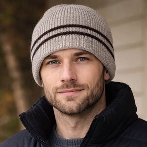 Eddie Bauer Wool Blend Knit Toque – Neutral Oatmeal w/ Brown Stripes